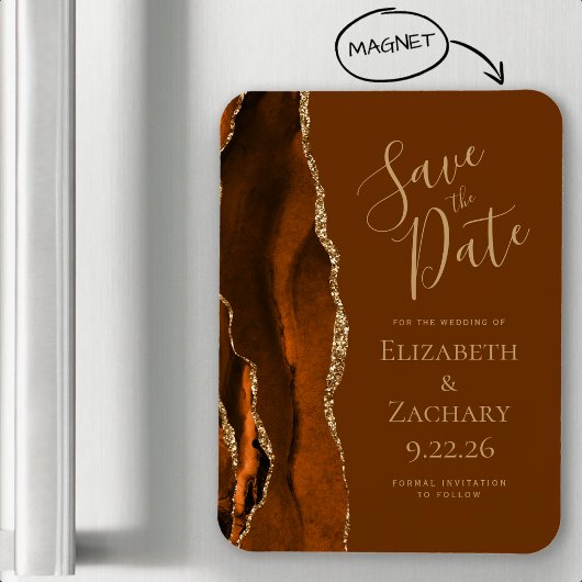 Burnt Orange Gold Agate Brown Save the Date Magnet