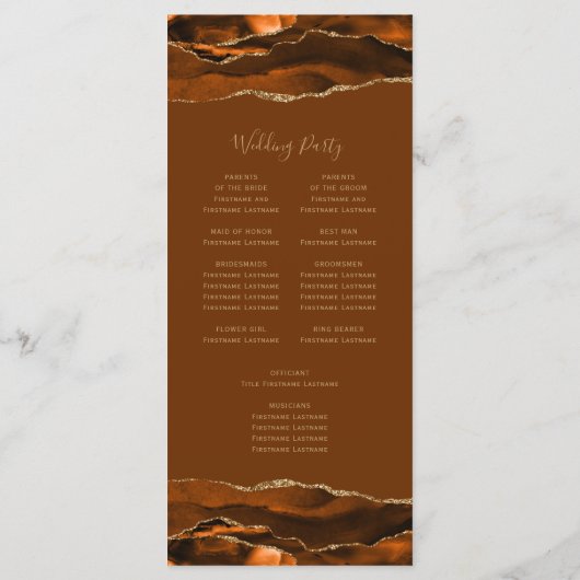 Burnt Orange Gold Agate Brown Wedding Programm (Rückseite)