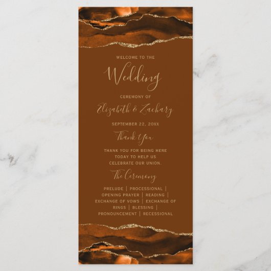 Burnt Orange Gold Agate Brown Wedding Programm (Vorderseite)