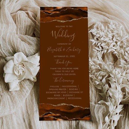 Burnt Orange Gold Agate Brown Wedding Programm