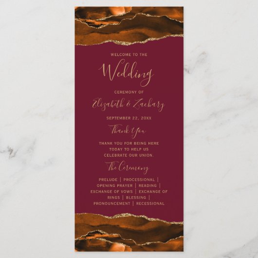 Burnt Orange Gold Agate Burgundy Wedding Programm (Vorderseite)