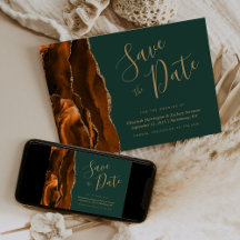 Burnt Orange Gold Agate Dark Green Save the Date
