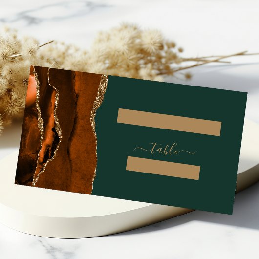 Burnt Orange Gold Agate Dark Green Wedding Platzkarte