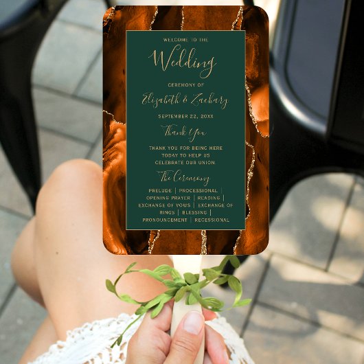 Burnt Orange Gold Agate Dark Green Wedding Program Fächer