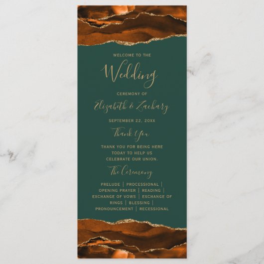 Burnt Orange Gold Agate Dark Green Wedding Programm (Vorderseite)
