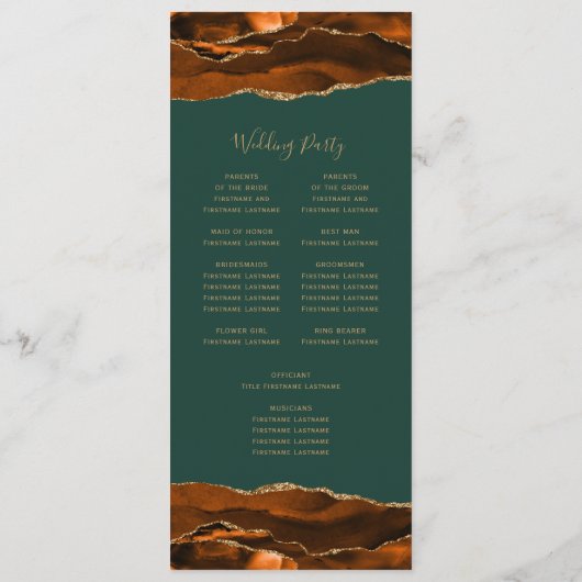Burnt Orange Gold Agate Dark Green Wedding Programm (Rückseite)