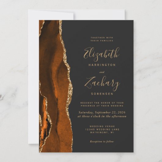 Burnt Orange Gold Agate Dark QR Code Wedding Einladung (Vorderseite)