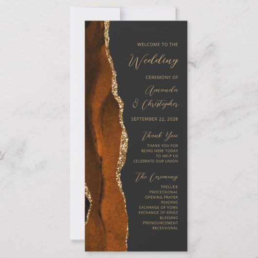 Burnt Orange Gold Agate Dark Wedding Program (Vorderseite)