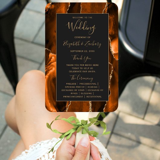 Burnt Orange Gold Agate Dark Wedding Program Fächer