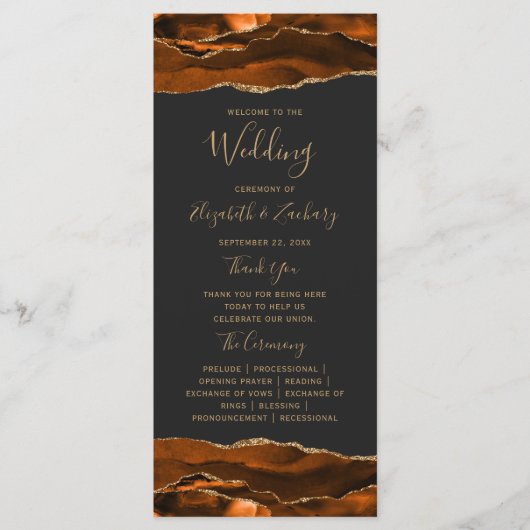 Burnt Orange Gold Agate Dark Wedding Programm (Vorderseite)