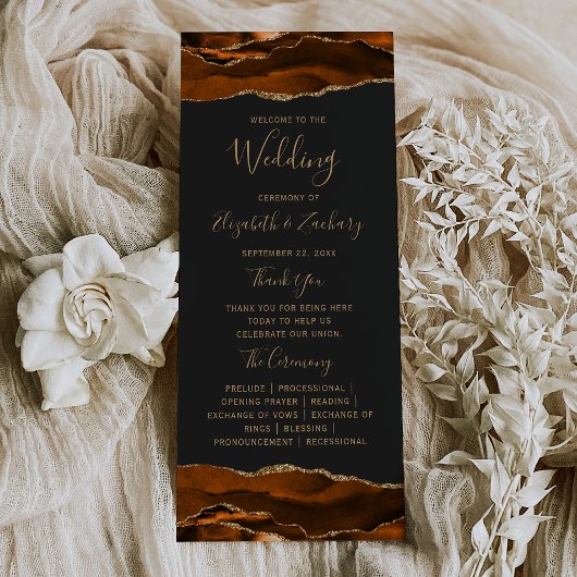 Burnt Orange Gold Agate Dark Wedding Programm