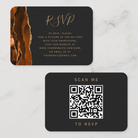 Burnt Orange Gold Agate Dark Wedding QR Code UAWG Begleitkarte (Vorne/Hinten)