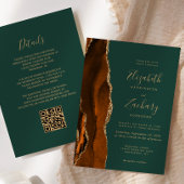 Burnt Orange Gold Agate Dunkelgrüner QR Code Hochz Einladung