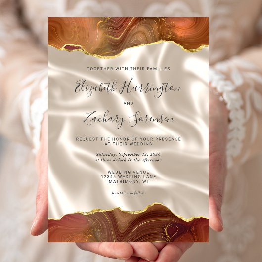 Burnt Orange Gold Agate Ivory Silk Wedding Einladung