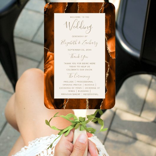 Burnt Orange Gold Agate Ivory Wedding Program Fächer