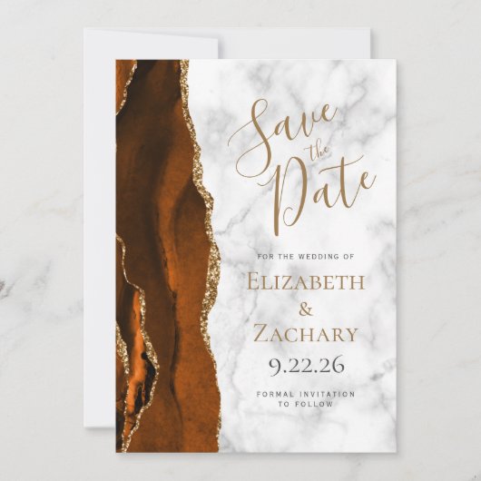 Burnt Orange Gold Agate Marble Save the Date Card Einladung (Vorderseite)