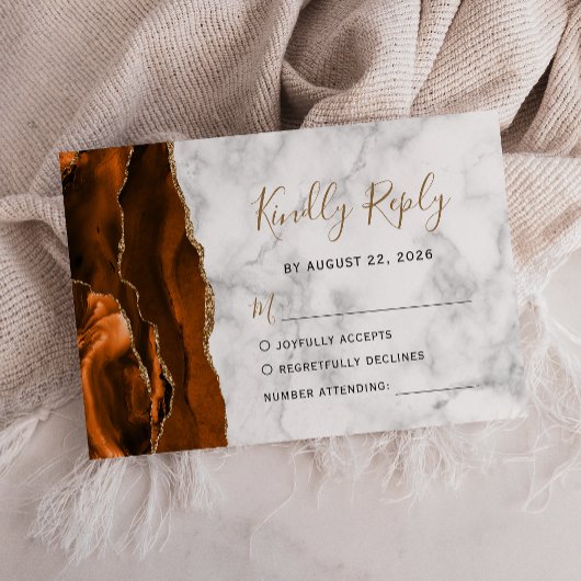 Burnt Orange Gold Agate Marble Wedding RSVP Karte