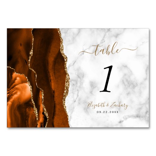 Burnt Orange Gold Agate Marble Wedding Tischnummer (Rückseite)