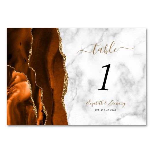 Burnt Orange Gold Agate Marble Wedding Tischnummer (Vorderseite)