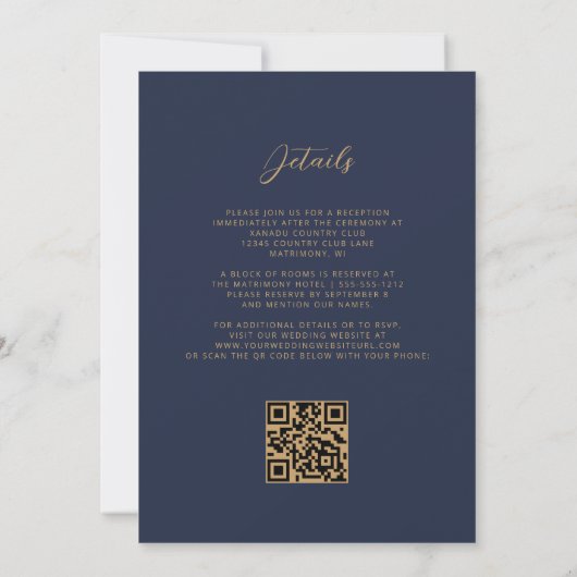 Burnt Orange Gold Agate Navy Blue QR Code Hochzeit Einladung (Rückseite)