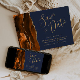 Burnt Orange Gold Agate Navy Blue Save the Date Einladung