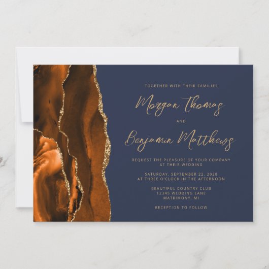 Burnt Orange Gold Agate Navy Blue Script Hochzeit Einladung (Vorderseite)