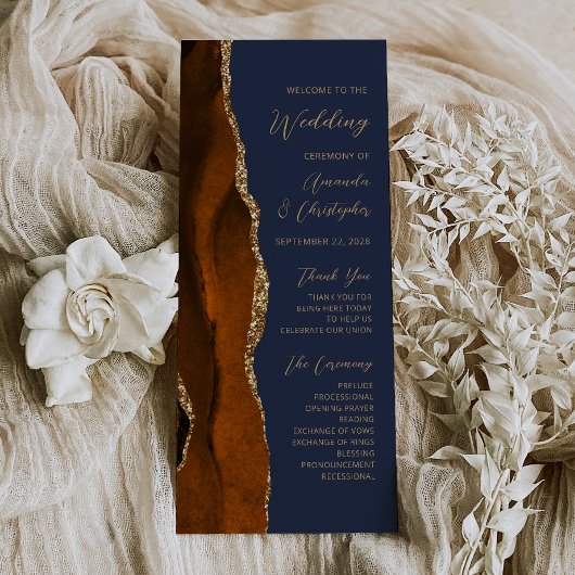 Burnt Orange Gold Agate Navy Blue Wedding Program