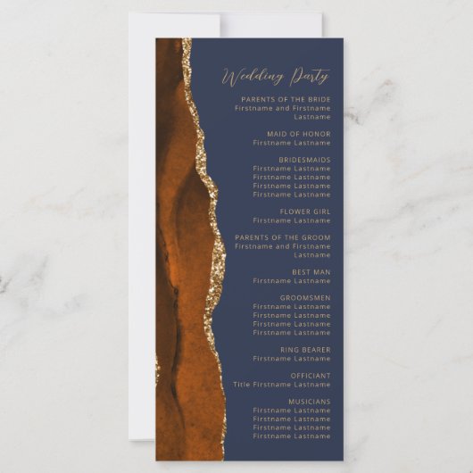 Burnt Orange Gold Agate Navy Blue Wedding Program (Rückseite)