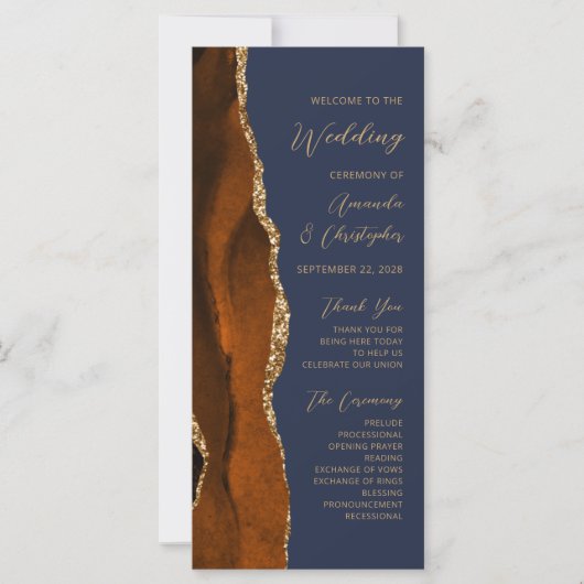 Burnt Orange Gold Agate Navy Blue Wedding Program (Vorderseite)