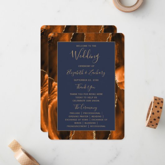 Burnt Orange Gold Agate Navy Blue Wedding Program Mitteilungskarte (Vorderseite/Rückseite Beispiel)
