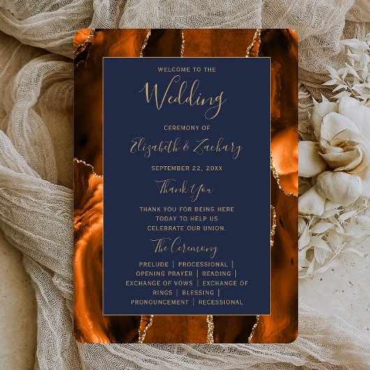 Burnt Orange Gold Agate Navy Blue Wedding Program Mitteilungskarte