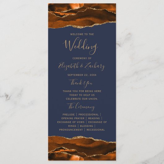 Burnt Orange Gold Agate Navy Blue Wedding Programm (Vorderseite)