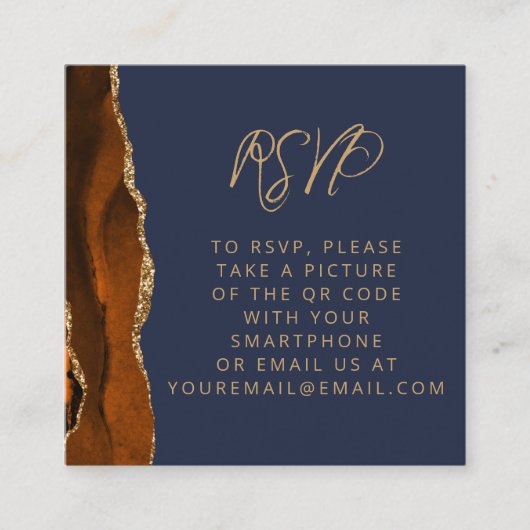 Burnt Orange Gold Agate Navy Wedding QR Code UAWG Begleitkarte (Vorderseite)