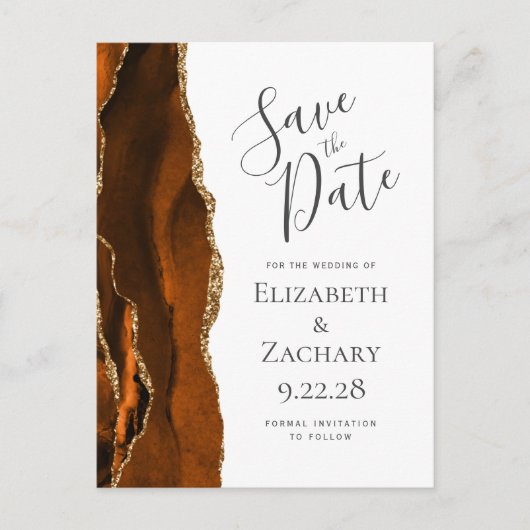 Burnt Orange Gold Agate QR Code Save the Date Ankündigungspostkarte (Vorderseite)