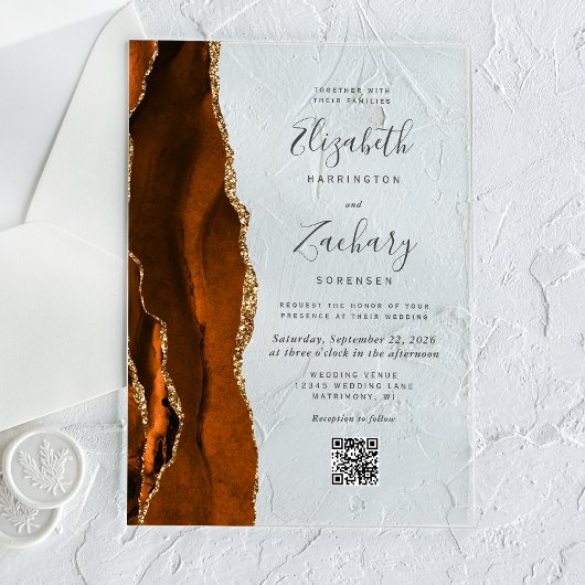 Burnt Orange Gold Agate QR Code Wedding Acryleinladungen