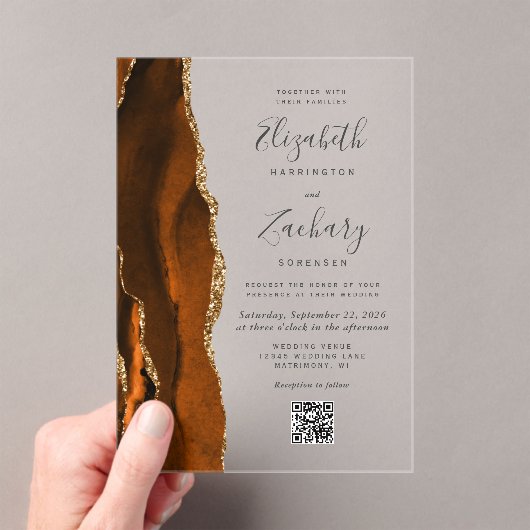 Burnt Orange Gold Agate QR Code Wedding Acryleinladungen (Insitu (Handheld))