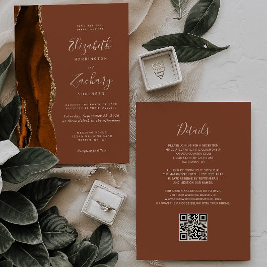 Burnt Orange Gold Agate Rust QR Code Hochzeit Einladung