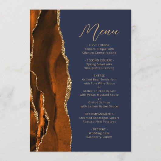 Burnt Orange Gold Agate Script Navy Blue Wedding Menükarte (Vorderseite)