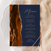 Burnt Orange Gold Agate Script Navy Blue Wedding Menükarte