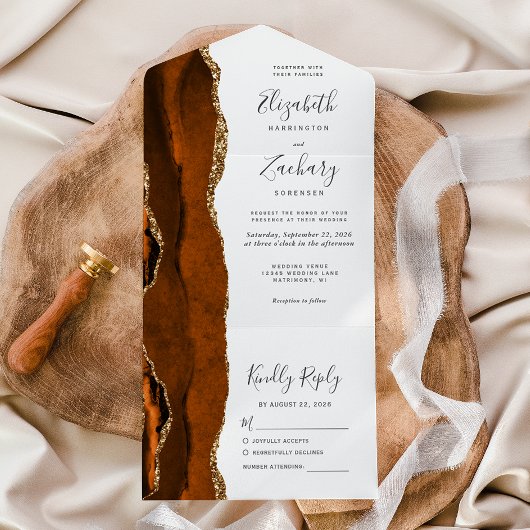 Burnt Orange Gold Agate Wedding All In One Einladung