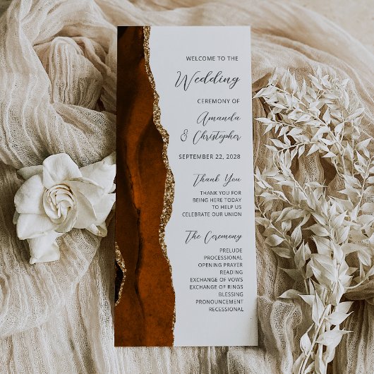 Burnt Orange Gold Agate Wedding Program