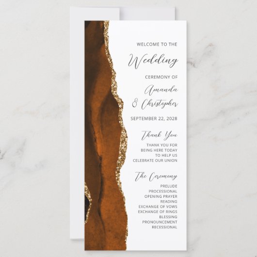 Burnt Orange Gold Agate Wedding Program (Vorderseite)