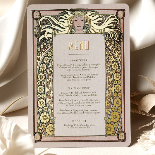Burnt Orange Gold Art Nouveau Menu Card Mucha Folieneinladung