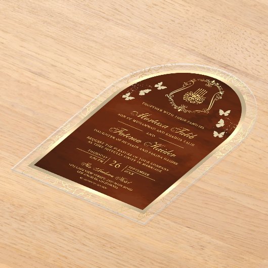 Burnt Orange Gold Butterfly Arch Muslime Hochzeit Acryleinladungen (Ablage )