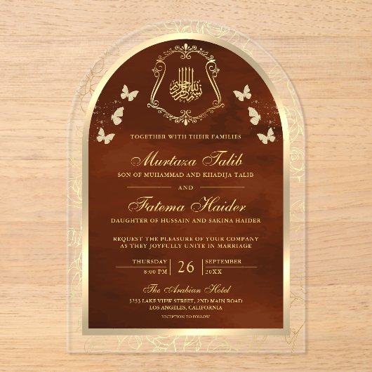 Burnt Orange Gold Butterfly Arch Muslime Hochzeit Acryleinladungen (Vorderseite)