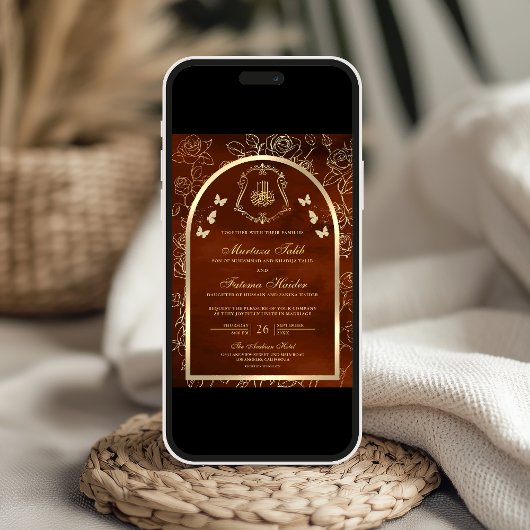 Burnt Orange Gold Butterfly Arch Muslime Hochzeit Einladung