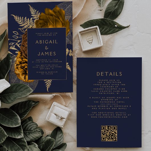 Burnt Orange Gold Floral Navy Blue QR Code Hochzei Einladung