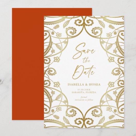 Burnt Orange Gold Glitzer Floral Lace Wedding Save The Date (Vorne/Hinten)