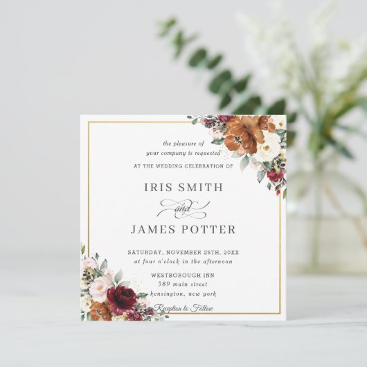 Burnt Orange Ivory Burgundy Floral Wedding Square Einladung (Stehend Vorderseite)