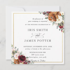 Burnt Orange Ivory Burgundy Floral Wedding Square Einladung